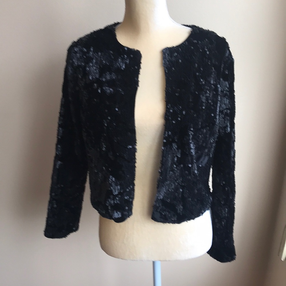 Topshop black Sequined jacket front open Sz 4